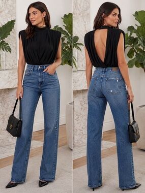 Express Black Draped Shoulder Pad Cutout Back Bodysuit Womens XS New NWT